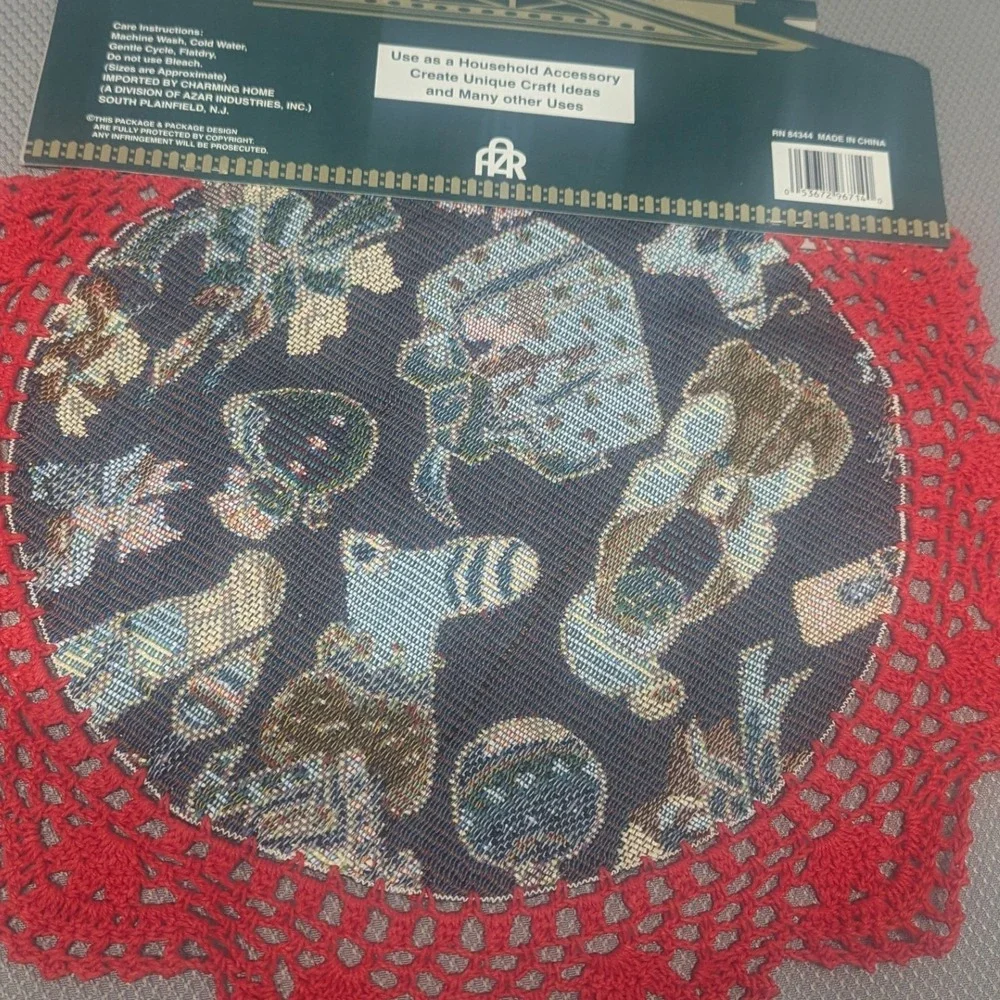 Set of 2 Vintage Christmas Tapestry Doilies Red Crochet Lace 14